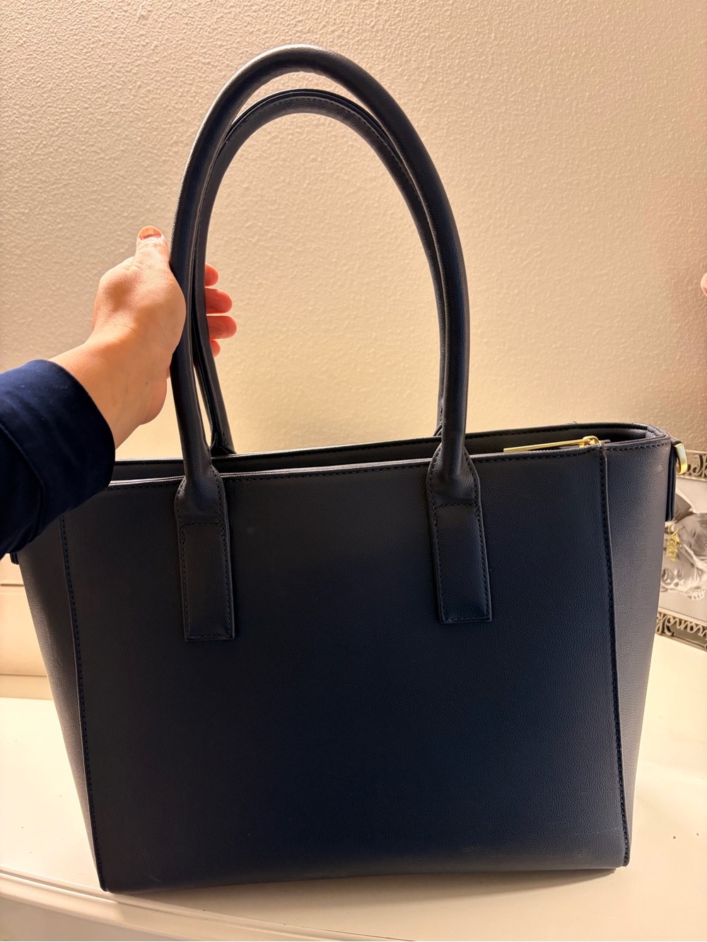 Women’s Navy laptop tote with inside compartment for laptop, gold hardware